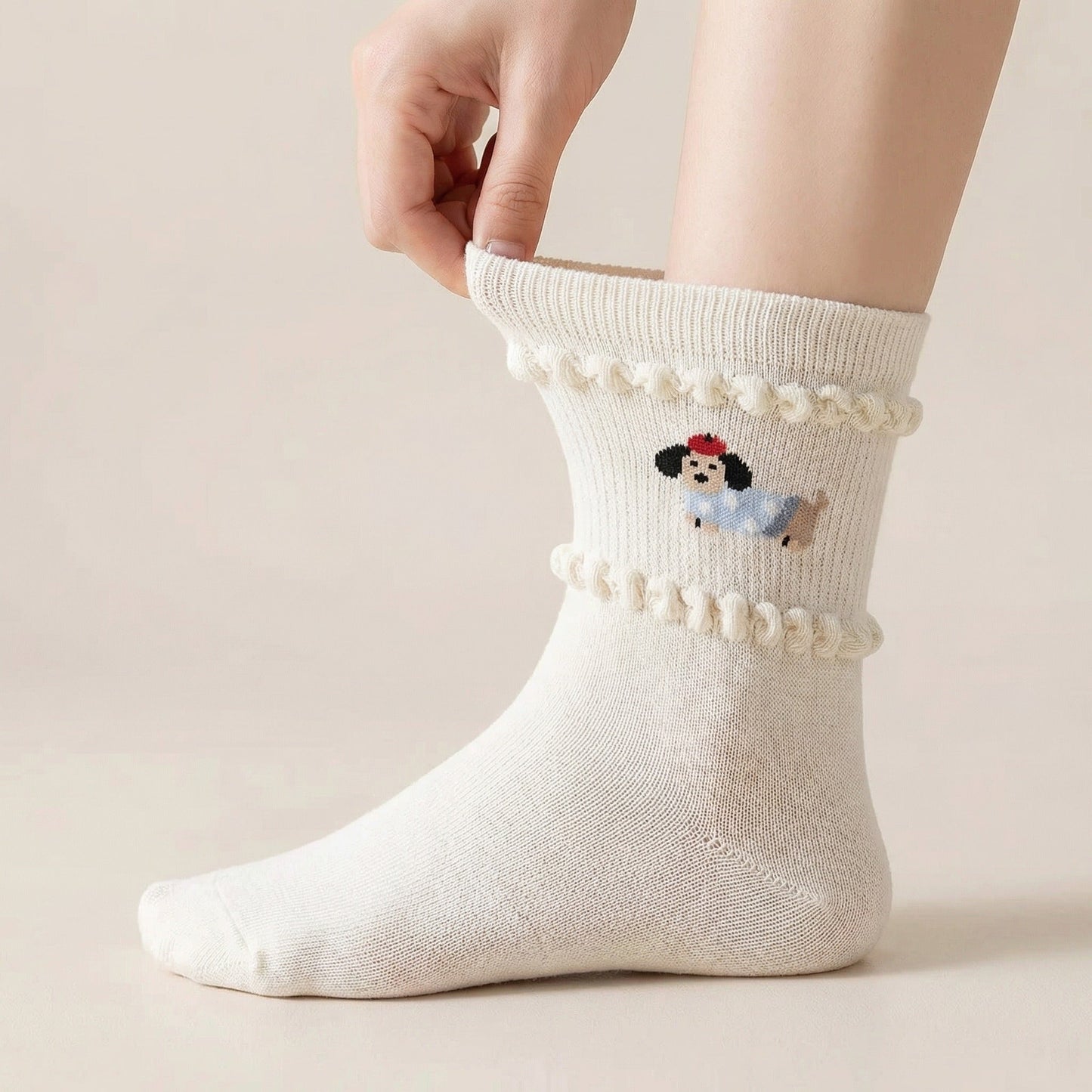 Kawaii Dog Print Crew Socks for Dog Lovers | Polka Dot & Stripe