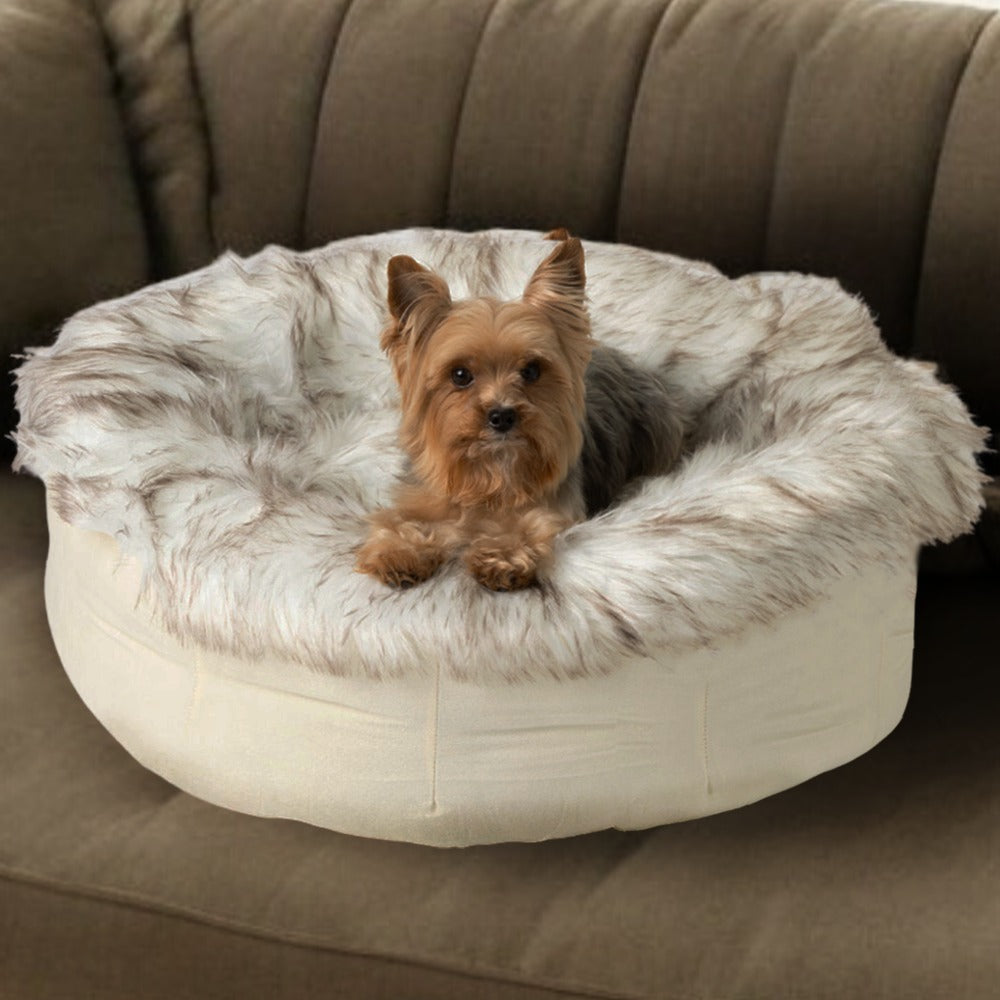 PupPoufTM Faux Fur Donut Dog Bed - White with Brown Accents