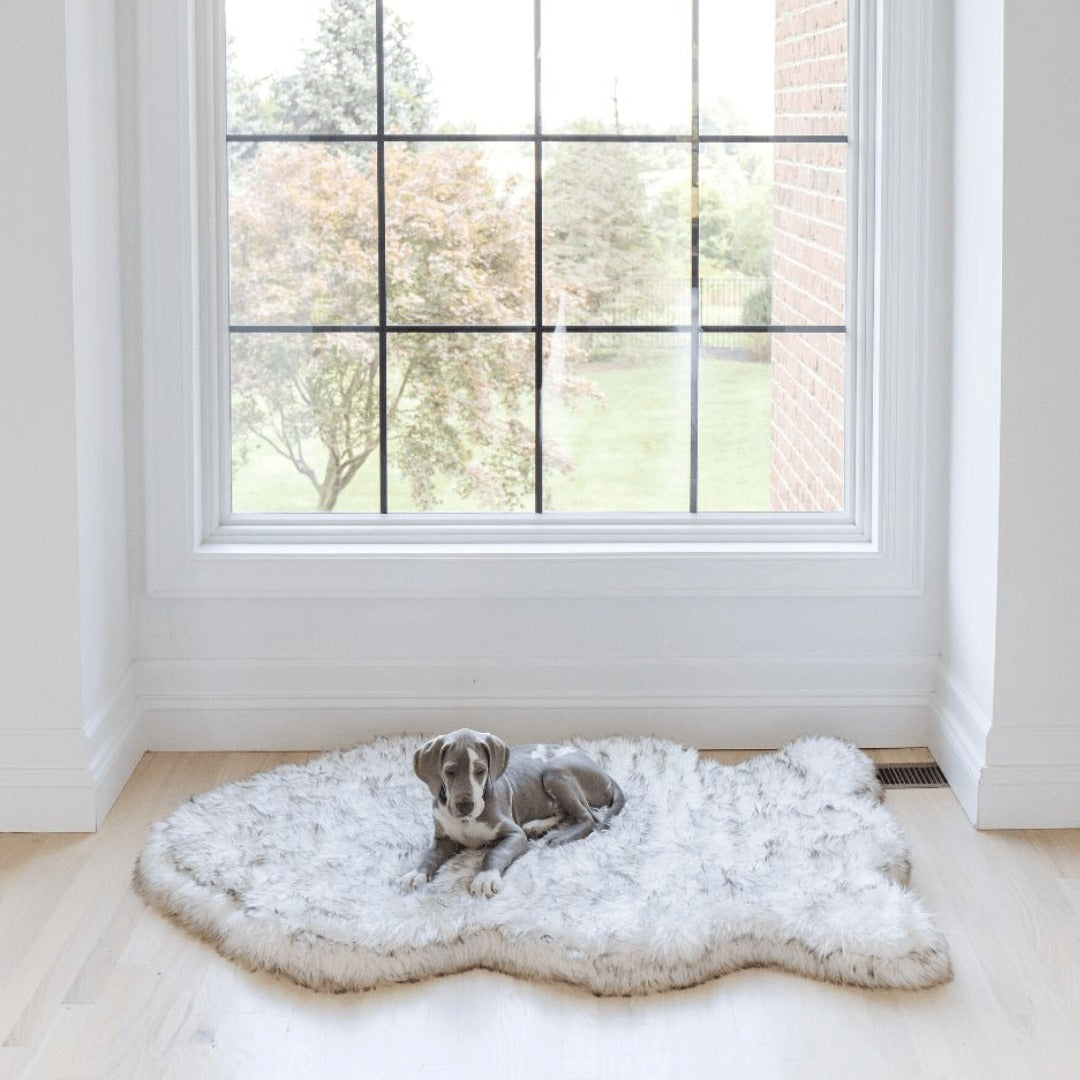 PupRugTM Faux Fur Orthopedic Dog Bed - Curve White with Brown Accents
