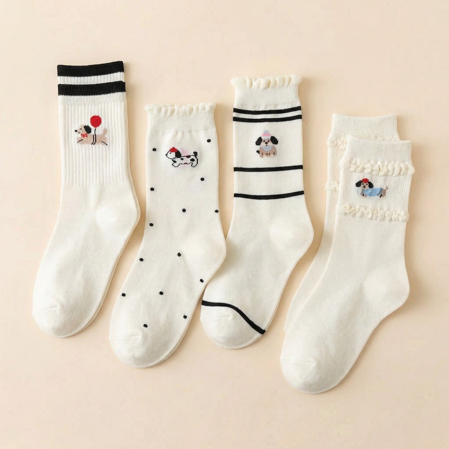 Kawaii Dog Print Crew Socks for Dog Lovers | Polka Dot & Stripe