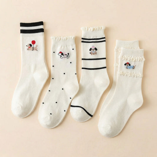 Kawaii Dog Print Crew Socks for Dog Lovers | Polka Dot & Stripe