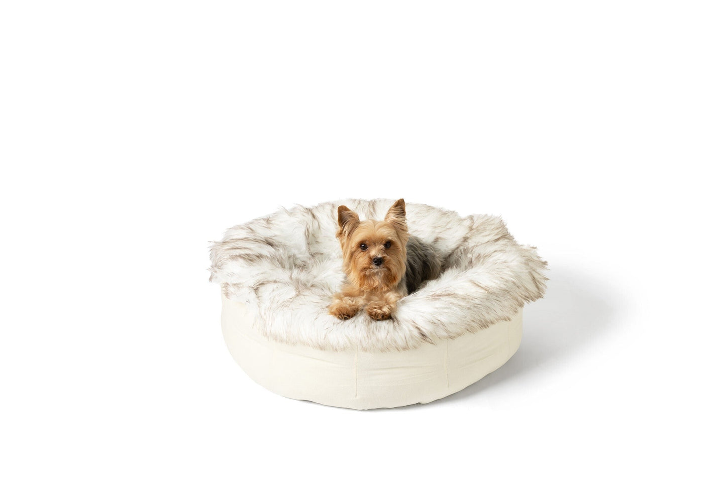 PupPoufTM Faux Fur Donut Dog Bed - White with Brown Accents