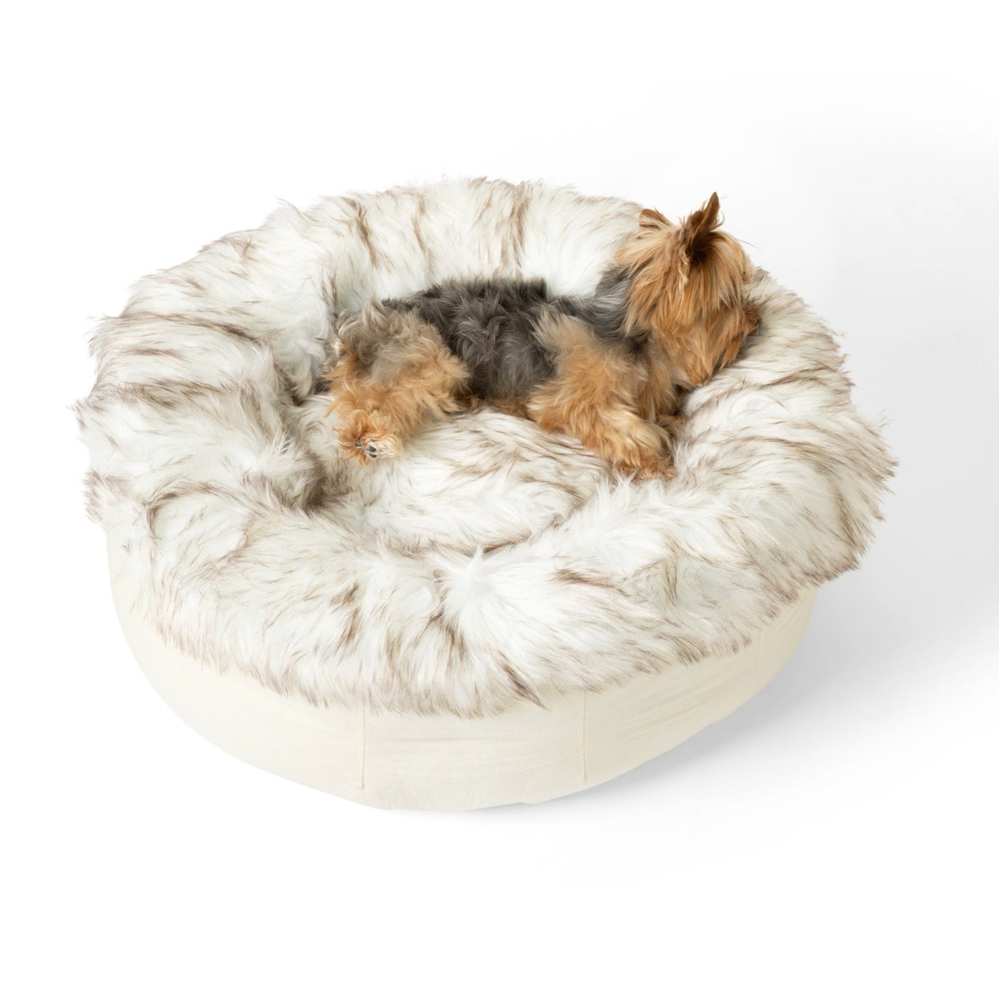 PupPoufTM Faux Fur Donut Dog Bed - White with Brown Accents
