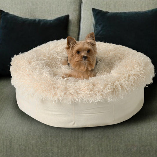 PupPoufTM Luxe Faux Fur Donut Dog Bed - Plush Sheep Ivory