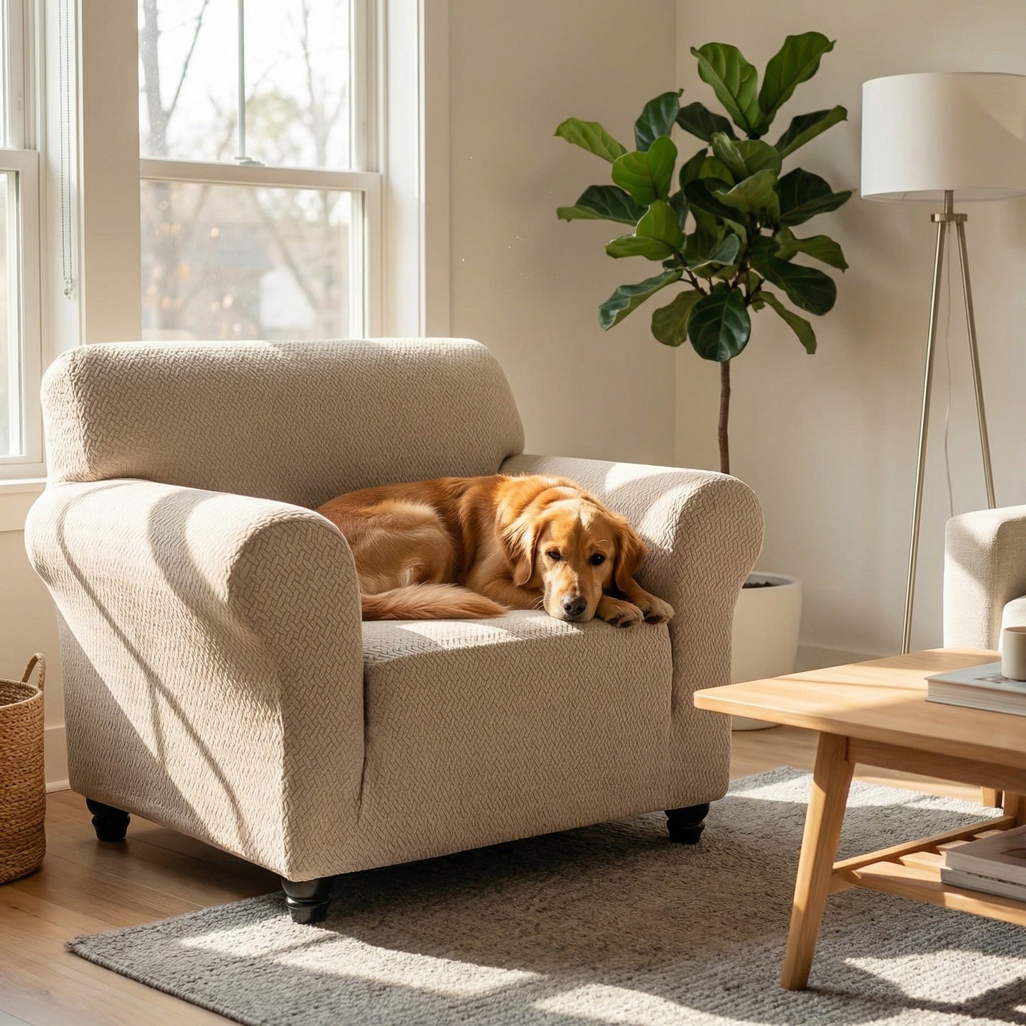 Beige Stretch Sofa Cover – Pet-Proof Furniture Protector 1–4 Seater