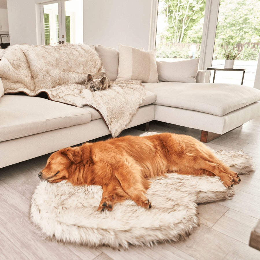 PupRugTM Faux Fur Orthopedic Dog Bed - Curve White with Brown Accents